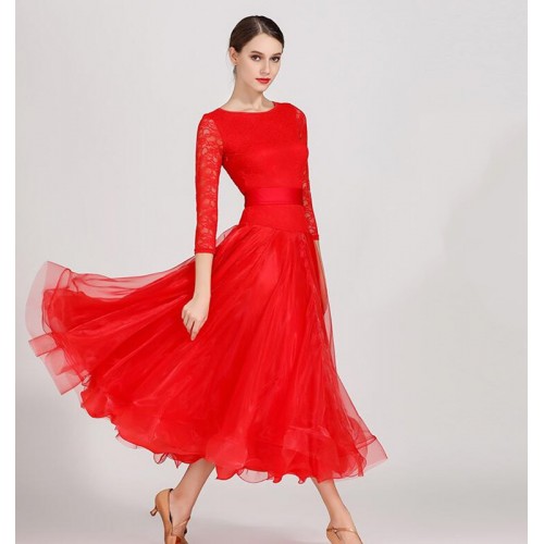 Turquoise red black lace ballroom dance dresses for women waltz tango foxtort standard competition ballroom dancing dress for female